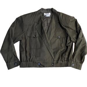 Talbots Petite Collection Women 2 Military Green Silk Crop Jacket Breast Pockets